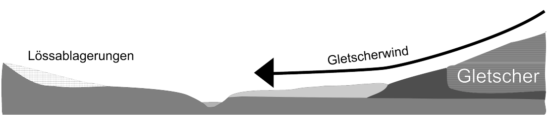 Schema eines Gletschers mit Lössablagerungen und Gletscherwind